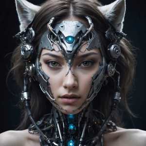 * "A woman's face transforming into a wolf's snout."