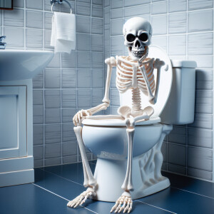 Illustrate a humorous scene of a skeleton experiencing discomfor...