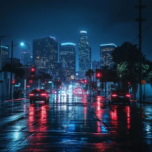 A nighttime view of Los Angeles right after a heavy rain, showca...