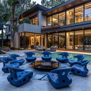 A luxurious modern house with a stylish backyard featuring a cir...