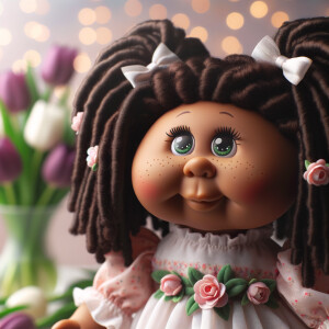 African-American cabbage patch doll with huge dimples,
Her hair...