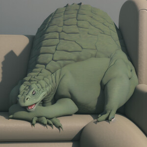 A full-size komodo dragon perched on a couch that's orbiting a p...