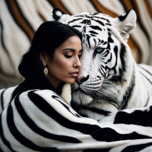 A woman embracing a large white tiger with contrasting black str...
