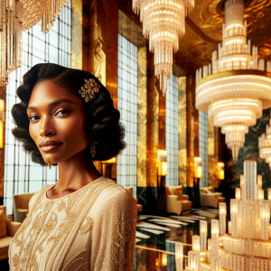 o	In the opulent splendor of an Art Deco penthouse, an elegant L...