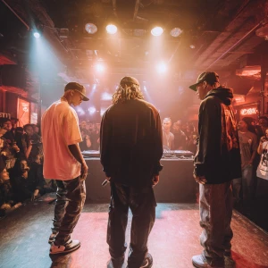 Three urban rap artists are standing in a circle at a small, smo...