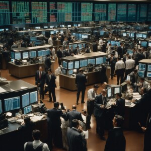 “A fast-paced trading floor with traders in business attire, tal...
