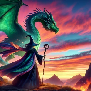 majestic emerald-green dragon perched on a rocky cliff at sunset...