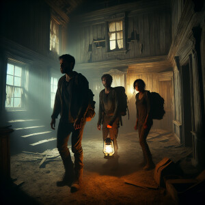 Two men and one woman are in a dark old dirty house at night