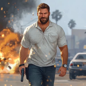 White muscular thin man with beard, big chin, smile and cheekbon...