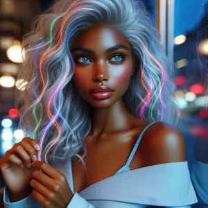 A vivid portrait of an Afro Latina woman with long, flowing silv...