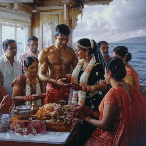 A wedding scene on a luxurious yacht in Goa's waters, depicting...