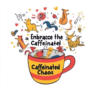 Cartoon coffee cup overflowing with whimsical chaos, swirling st...