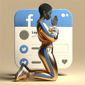 Create a 3D illustration of a realistic light skinned African-American woman on The remote her knees Praying , she has a black pixie cut haircut FACEBOOK social media with a FACEBOOK BACKGROUND . She is wearing a gold and blue jumpsuit and gold and blue Nike gym shoes. The background is a FACEBOOK social media profile with a user name “KAREN SHOWELL ” and profile FACEBOOK Cover