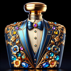 Create a blue and gold cologne bottle in the shape of a tuxedo w...