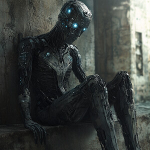 A digitally enhanced draugr, exuding a futuristic aura amidst an...