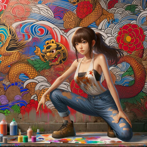 teenage girl, long brown hair and bangs, wearing tight skinny jeans and a halter top paint marks on her clothing, heroic pose Asian graffiti background, nearing on one knee