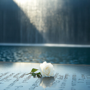 A solemn image shows the reflective twin pools of the 9/11 Memor...