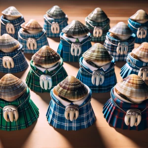 A group of clams wearing Scottish matching blue / green kilts an...