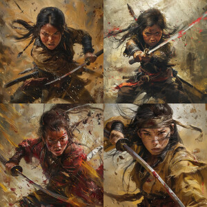 A young Native American girl, disguised as a ronin, battle weary...