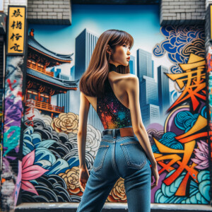 Attractive, Asian teenage girl, long brown hair and bangs, wearing tight skinny jeans and a halter top paint marks on her clothing, backside view heroic pose Asian graffiti