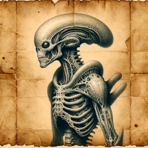 Aged parchment, graphite medium, realistic alien being illustrat...