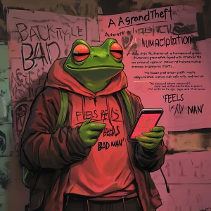 "A Grand Theft Auto-style illustration of a humanoid green frog...