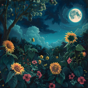 Create a captivating image of a moonlit scene with sunflowers an...