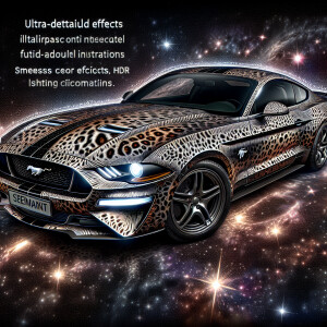 an image of a 1992 mustang  featuring an ocelot pattern, in the...