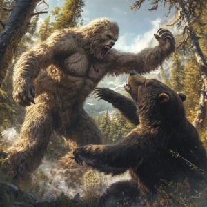 A humanoid looking hair covered sasquatch fighting a grizzly bea...