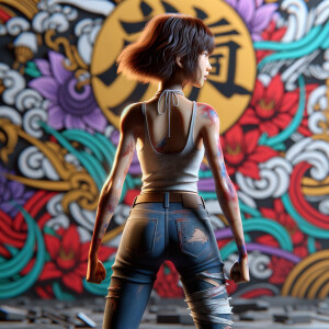 Athletic Thin skinny Attractive, Asian teenage girl, long brown hair and bangs, wearing tight skinny jeans and a halter top paint marks on her clothing, heroic pose Asian graffiti background, backside view