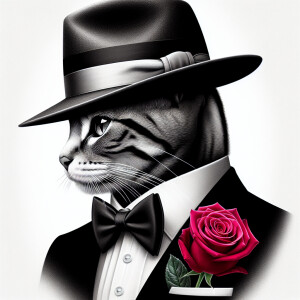 cat in a tuxedo, fedora hat, rose in pocket, art