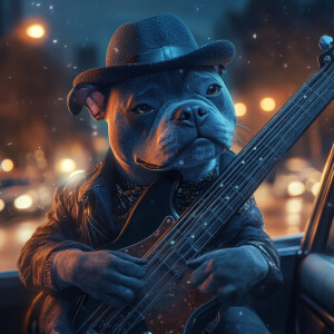 Blue pittbull dog playing bass guitar witj black spotted in a ca...