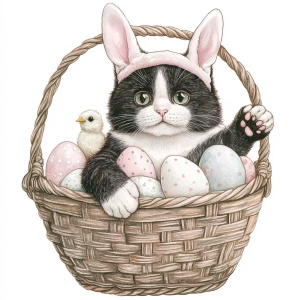 Big Fat black and white cat with one leg hanging over basket wit...