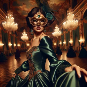 "In the opulent ballroom, a masked beauty captures every gaze, h...