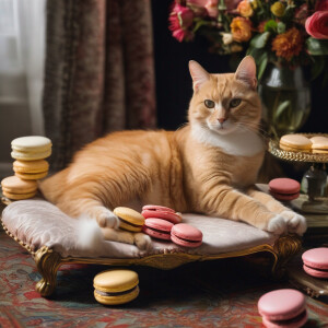 Renaissance cat, lounging on chaise lounge eating macarons