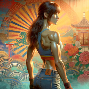 Athletic Thin skinny Attractive, Asian teenage girl, long brown hair and bangs, wearing tight skinny jeans and a halter top paint marks on her clothing, heroic pose Asian graffiti background, backside view