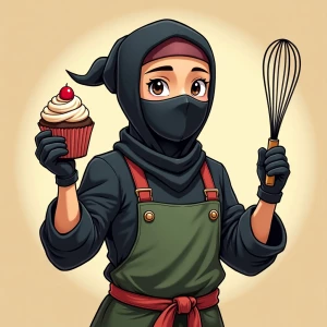 baking ninja holding a cupcake in 1 hand and a whisk in the othe...