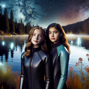 Two girls are standing near the lake at night in a hydro suit an...