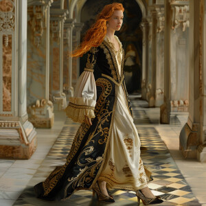 Create a photorealistic image of a light ginger-haired model wal...