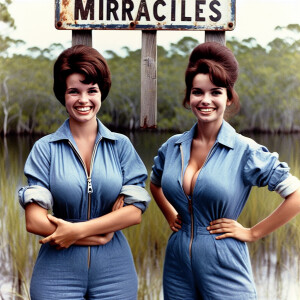 Generate a faded film photograph from 1973 in the Everglades. Tw...