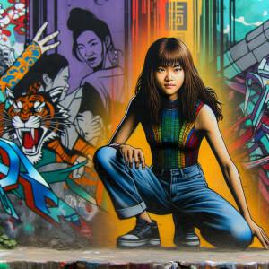 teenage girl, long brown hair and bangs, wearing tight skinny jeans and a halter top paint marks on her clothing, heroic pose Asian graffiti background, nearing on one knee