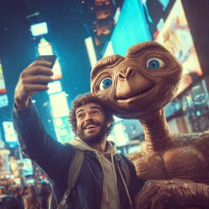 Create an image of a man taking a selfie with a life-sized, alie...