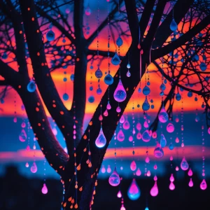 Create an image of a tree bathed in the glow of neon lights, sil...