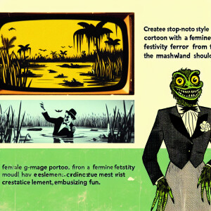 Retro Halloween cartoon. Vintage female swamp monster. Funny
