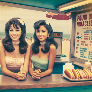 Create a faded color film photograph from 1971 of two gorgeous 2...