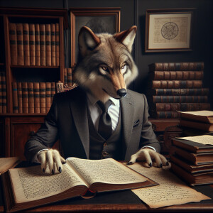 Wolf with a suit on studying