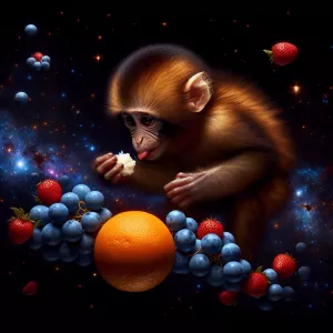 Monkey eating a elegant that is the color blue and red in space...