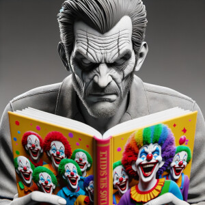 Generate a morbid serial killer reading a book about happy clowns