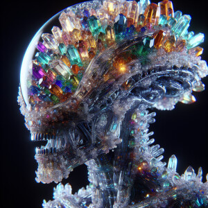 Alien made of see through glass. Skull is made of crystals
