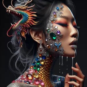 Half human female face and neck with glitter and encrusted gemst...